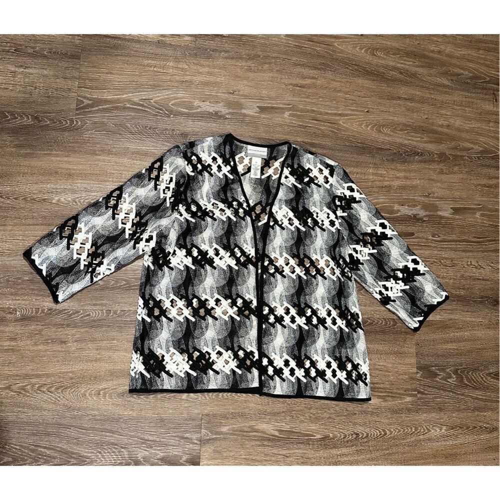 Alfred Dunner woven black white abstract open front jacket cardigan PL